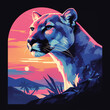 Puma badge for t-shirt design. Mountain leopard concept poster. Creative graphic design. Cyberpunk vaporwave style. Digital artistic artwork raster bitmap illustration. Graphic design art. AI artwork.