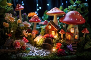 Poster - magical fairy garden with mushrooms, flowers, and sparkling fairy dust.
