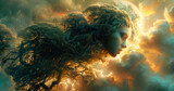 Fototapeta Niebo - Głowa kobiety opleciona roślinami lecąca na niebie