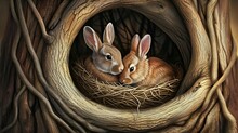 Rabbits In The Tree Hollow. Generative AI