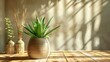 a reed scent or diffuser and an aloe vera plant on a wooden table so they catch soft natural light, enhancing the realism.