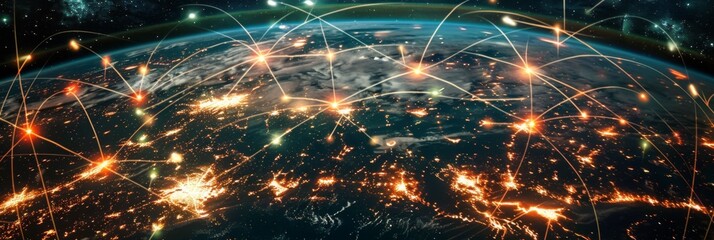 Poster - Global Network Connections - A dynamic representation of the world's interconnectedness, this image depicts a global network overlaying a view of Earth from space, illustrating the vibrant exchange of