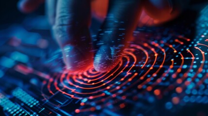 Poster - Futuristic Touch Technology - A representation of advanced human-computer interaction, this image showcases a fingertip touching a digital surface, symbolizing the seamless interface between humans an