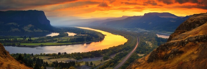 Wall Mural - golden evening in columbia river gorge: scenic beauty of american environment