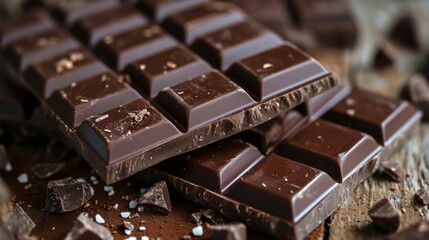 Wall Mural - Pieces of chocolate on a wooden table, close-up