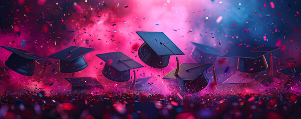 Wall Mural - University graduate hats float in the air and confetti