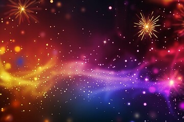 Wall Mural - Fireworks on a black background with stars, in the style of simple, colorful illustrations, free brushwork, aurorapunk, bright backgrounds, dark bokeh background, vibrant stage backdrops, uhd image.