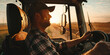 man farmer driving in tractor cabin, cultivating field