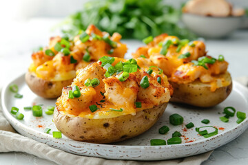 Three whole baked potatoes in jacket stuffed with chicken, green onions and cheddar cheese on plate on white background