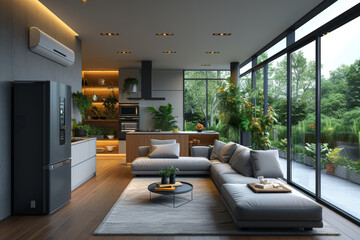 Poster - a living space with energy-efficient appliances and smart home technology, allowing for remote monit