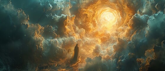 Wall Mural - Mysterious portal surrounded by swirling clouds and shimmering light, hinting at the possibility of other dimensions and realms