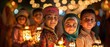 Children wearing traditional clothing and carrying lanterns, participating in a procession to mark the beginning of Ramadan and the joyous anticipation of Eid Mubarak