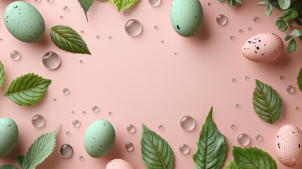 Wall Mural - round frame from Easter eggs and green leaves against soft pink background with free space in center