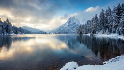 Wall Mural - fantastic morning view beautiful lake dramatic wintry scene of nature concept background