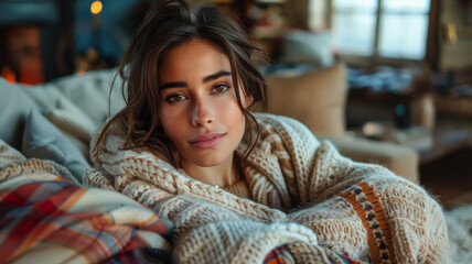 Wall Mural - Portrait of a brunette woman in a warm blanket