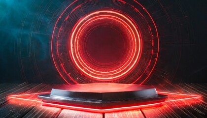 Wall Mural - a circular platform podium with red neon light on dark background created with technology