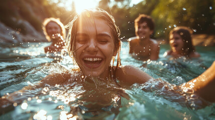 Wall Mural - Group of friends swimming in the lake