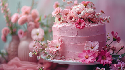 Wall Mural - Pink cake with flowers