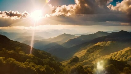 Wall Mural - Sun rays shine through clouds over dramatic mountain landscape during sunset, Dramatic sunset sky and sun rays light over mountains, AI Generated