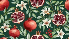 Hand Drawn Pomegranate Fruit On A Branch With Leaves And Flowers Seamless Pattern Illustration On Dark Green Background Unusual Template For Design Of Textiles Paper Clothing Case Phone Cover
