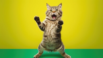 Wall Mural - The cat jumps with a surprised muzzle and wide-open eyes on a yellow background. Funny cat.