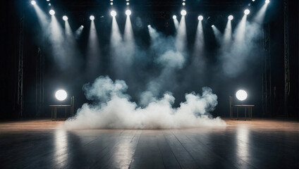 Wall Mural - Empty stage under dim lights and in smoke. Entertainment, music and fashion concept. Product placement or copy space idea.