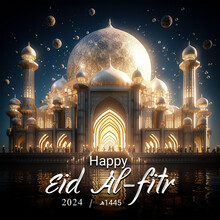 Happy Eid Alfitr Poster With A Background Of Lanterns Moon And Clouds
