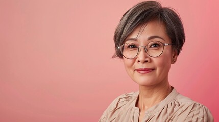 Elegant mature older adult confident Asian woman, short hair smiling middle aged 50 years old senior lady model wearing eyeglasses looking at camera on pastel pink background, close up face portrait.