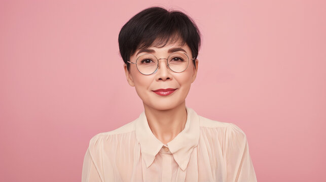 Elegant mature older adult confident Asian woman, short hair smiling middle aged 50 years old senior lady model wearing eyeglasses looking at camera on pastel pink background, close up face portrait.