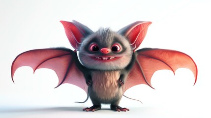 Wall Mural - Adorable 3D bat illustration with large eyes and charming smile, standing on a clean white background. Perfect for Halloween-themed designs and children's projects.