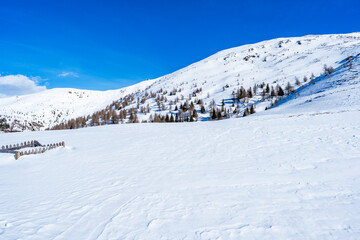 Wall Mural - Winter landscape with snow covered Dolomites in Kronplatz, Italy