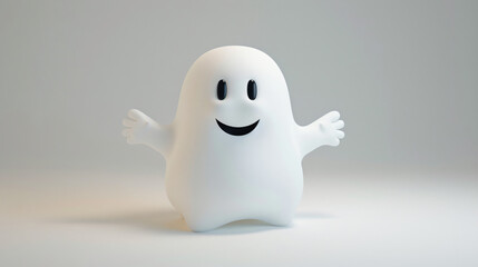 Wall Mural - A 3D adorable ghost floating on a clean white background, perfect for Halloween designs, cute graphics, and ghost-themed projects.