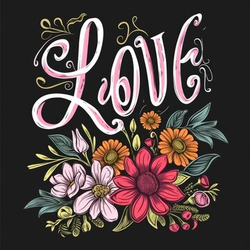 A black background with flowers and the words love