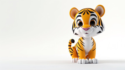 Wall Mural - A charming 3D render of a cute tiger with vibrant orange fur and mesmerizing green eyes against a clean white background. Perfect for adding a touch of whimsy and playfulness to any project.