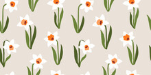 Modern Seamless Pattern With Daffodil Flowers. Hand-drawn Spring Flowers