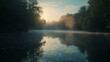 Tranquil dawn scene of mist-covered lake with soft, ethereal light. A perfect balance of calmness and beauty.