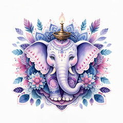 Wall Mural - Elephant with floral patterns and diya lamp. Watercolor illustration. Holiday and cultural concept. Image for festive poster, greeting card, postcard or invitation template. 