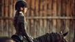 A majestic horse rider exudes elegance and confidence, with their gear perfectly in place, set against the timeless beauty of a rustic barn wood background.