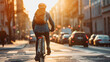 A young urbanite effortlessly glides through the bustling city streets on a sleek bicycle, embracing the eco-friendly revolution and capturing the essence of vibrant urban life.