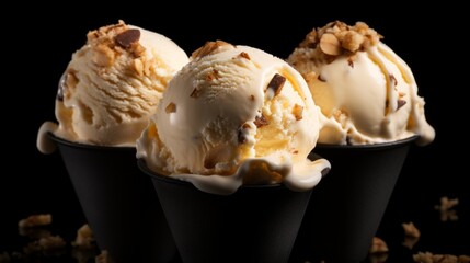 Poster - A trio of butter pecan ice cream scoops captured in a close-up realistic photo against a white background Generative AI