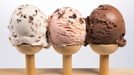 Poster - A trio of rocky road ice cream scoops captured in a close-up realistic photo against a white background Generative AI