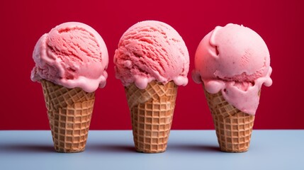 Poster - A trio of strawberry ice cream scoops captured in a close-up realistic photo against a white background Generative AI