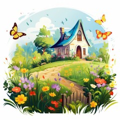 Poster - Generative AI A whimsical cottage surrounded by tall grass, wildflowers, and fluttering butterflies.