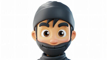Wall Mural - A charming and vibrant 3D cartoon illustration of a ninja with a beaming smile. This close-up portrait showcases the ninja's endearing expression and stylized details, standing out against a