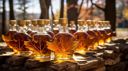 Wall Mural - Generative AI Bottles of pure, golden maple syrup arranged against a rustic maple tree backdrop