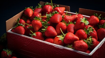 Poster - Box filled with ripe, plump strawberries, close-up realistic photo Generative AI