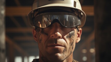Poster - Generative AI Close-up of a builder using a power tool at a construction site, focused on craftsmanship, building materials visible
