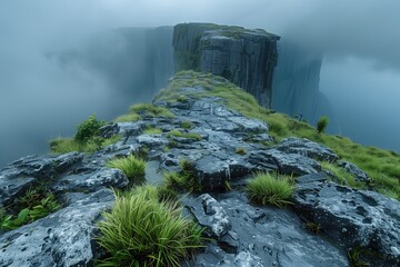 Wall Mural - mountain landscape with foggy and misty morning at sunrise