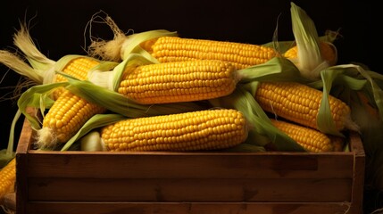 Poster - Close-up realistic photo capturing a box brimming with yellow corn cobs Generative AI