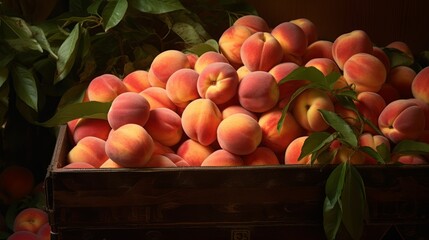 Aufkleber - Close-up realistic photo featuring a box overflowing with ripe peaches Generative AI